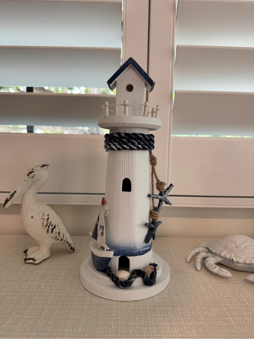 Coastal White and Navy Decorative Lighthouse Accent - Nautical Home Decor